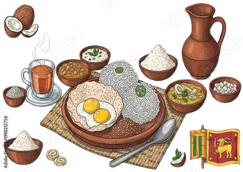 Authentic Sri Lankan breakfast spread featuring string hoppers, fried eggs, spicy curries, and coconut accompaniments
