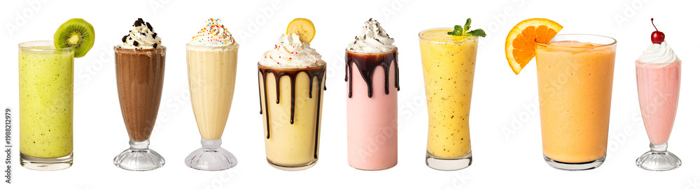 Fototapeta premium PNG Colorful array of delicious milkshakes on transparent background