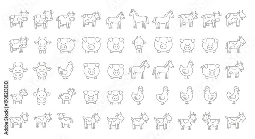 Variety of farm animal line icons.