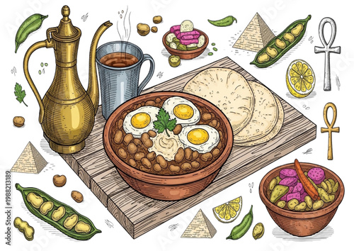 Hearty Traditional Egyptian Breakfast Feast with Ful Medames, Fried Eggs, and Pita Bread