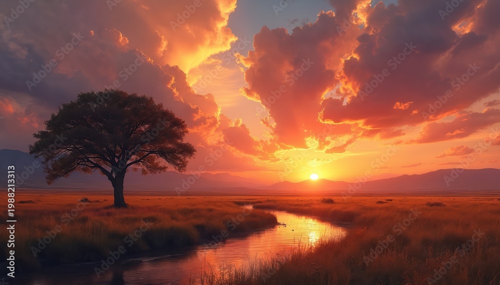 Naklejka premium Sunset sky with vibrant clouds over savanna landscape. Lonely tree stands by winding river reflecting golden light. Warm orange glow on horizon, mountains afar, dry grass field.