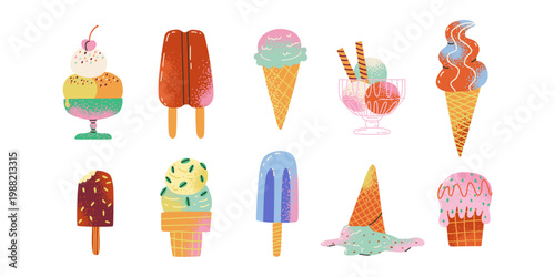 Set of flat hand drawn variation ice cream. Sweet icecream, cold milk snack for kids. Ball of sorbet, gelato, juice. Frozen summer dessert in glass.