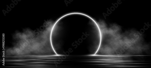 Minimal futuristic scene with glowing white neon arc over reflective surface and soft smoke clouds. Dark abstract stage background for display your brand product. Vector illustration.