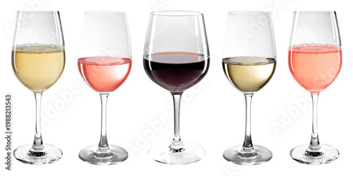 Fotografía PNG Five glasses showcasing wine varieties on transparent background