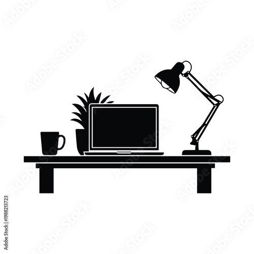 Home office desk setup with laptop plant and coffee cup silhouette