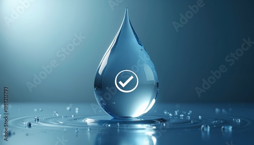 Clear blue water drop with white checkmark symbol sits on water surface with ripples. Small droplets splash around clean liquid. Symbolizes pure safe drink.