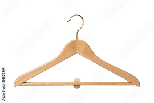 Natural light wood clothes hanger with gold metal hook, garment.