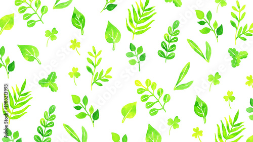 シンプルで優しい緑色の植物の背景　草木・葉っぱの手描き水彩イラスト素材