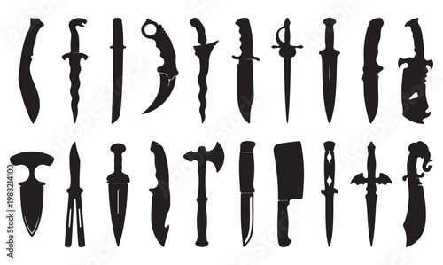 Tactical knife silhouettes set, 20 combat blade and cold weapon icons, black steel dagger and hunting knife vector collection for gaming and military design