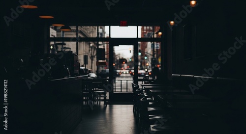 Dark Moody Silhouette of Modern Coffee Shop Interior with City View