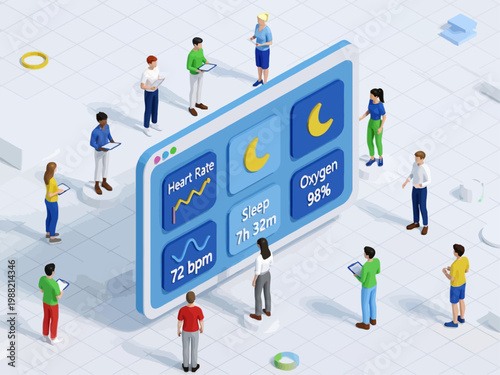 Diverse group of people gathered around a large digital screen displaying health data and sleep tracking information.