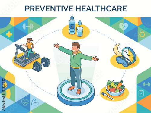 An isometric illustration depicting preventive healthcare concepts with a person exercising, hydrating, eating healthy, and sleeping well, surrounded by related icons.