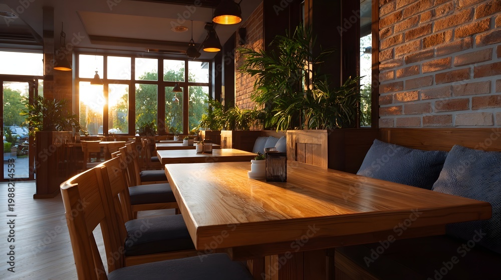 Fototapeta premium A warm contemporary restaurant interior bathed in golden sunset light featuring natural wood brick textures and lush plant life