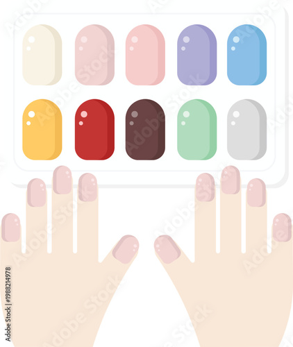 Vector illustration showcasing a pair of hands positioned below a professional nail polish color palette. The display tray features ten glossy, oval-shaped nail samples in a variety of trendy colors