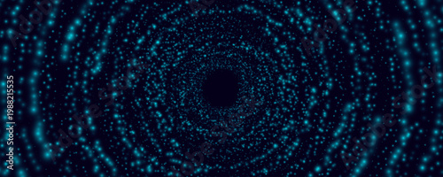 Abstract mesmerizing glowing blue particle tunnel on dark background. Luminous cyan dots form dynamic concentric spirals and swirling rings. Vector illustration.