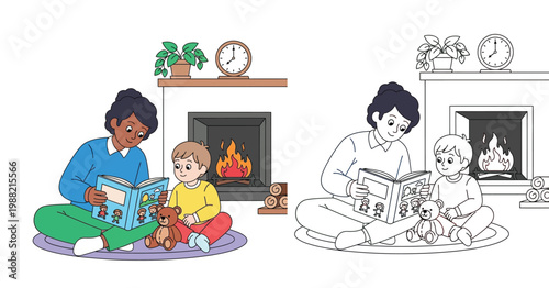 Mother and child reading a book by the fireplace. Cozy family story time vector illustration with color and black and white coloring page outline versions.