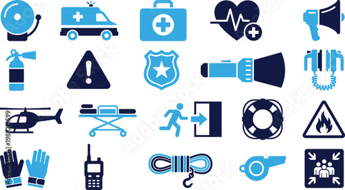 Emergency and safety icons set in blue and dark blue.