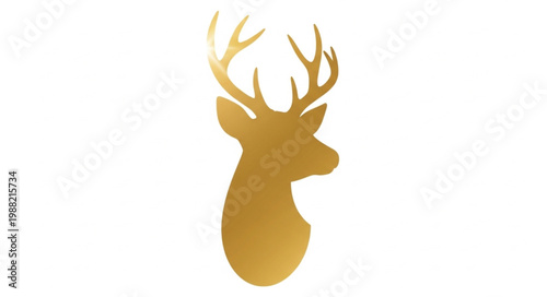 Golden Deer Head Silhouette with Antlers on White Background.