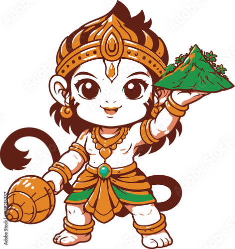 A cartoon monkey character holds a mountain and a club wearing gold jewelry.