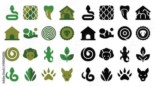 Collection of stylized icons representing animals, nature, and related elements in green and black color schemes.