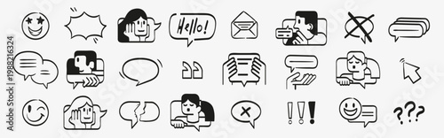 Customer Support and Online Communication Line Icon Set with Chat, Feedback, Help Desk and Messaging Interaction Symbols.