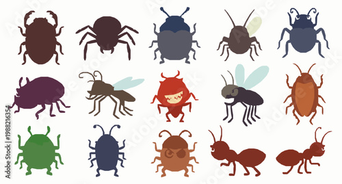 Evil cartoon bug vector set with funny insects monsters and creepy characters isolated on white background