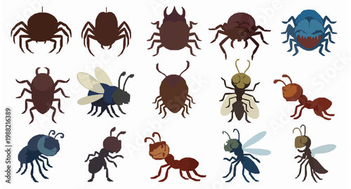Funny evil cartoon bugs vector set creepy insect characters isolated on white background