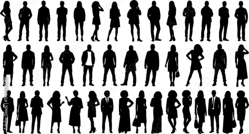 Vector silhouettes man and women, illustration. Silhouettes of young people posing in casual clothes. Transparent background EPS version.