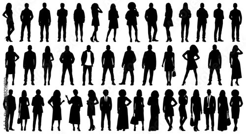 Vector silhouettes man and women, illustration. Silhouettes of young people posing in casual clothes. Transparent background SVG version.