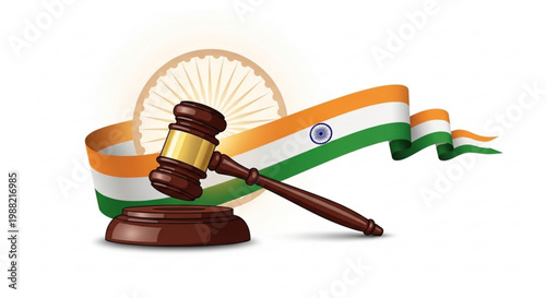Indian law and justice concept with a gavel and the national flag representing legal system and democracy in India isolated on white