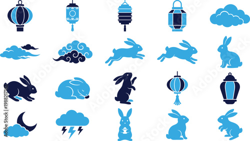 Blue and navy blue icons of rabbits, lanterns, and clouds for mid autumn festival.