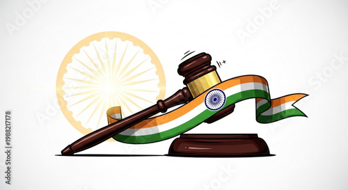 Gavel with Indian flag ribbon and Ashoka Chakra symbolizing justice and law in India isolated on white background