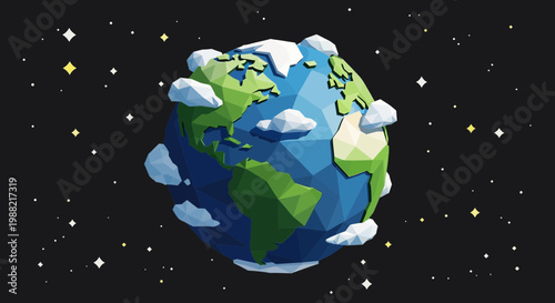 Low Poly Earth Globe Planet with Clouds in Starry Space Background