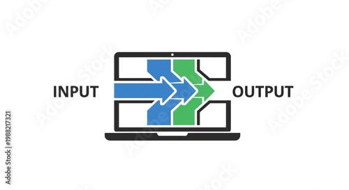 Laptop with input output flowchart diagram.