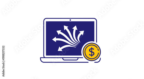 Laptop with money and arrows.