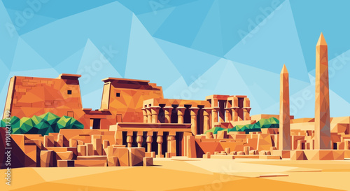 Low Poly Egyptian Temple Complex with Obelisks and Desert Landscape