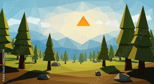 Low Poly Forest Landscape with Geometric Sun and Mountains