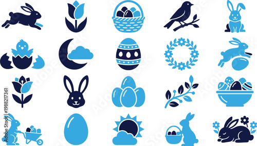 Easter bunny and egg icons set spring holiday symbols vector illustration.