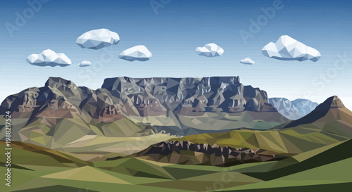 Low Poly Table Mountain Landscape with Geometric Clouds and Green Hills