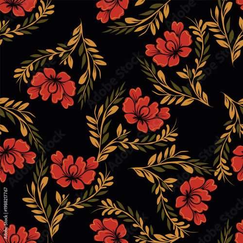 Summer garden floral print with leaves and flowers. Spring tulips, hydrangea, ranunculus, hyacinth, peony, rose, lilac. Botanical pattern design. Seamless vector colorful pattern. On white background