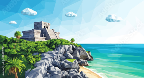 Quadro su tela Mayan Ruins Tulum Mexico Geometric Low Poly Style Beach Ocean