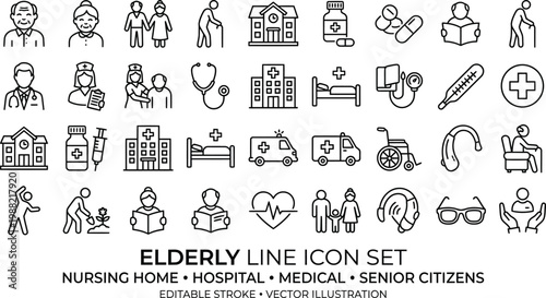 A collection of black and white line icons depicting elderly care and medical services
