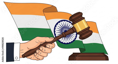 Hand holding a gavel in front of the Indian flag representing justice and law in India isolated on white background