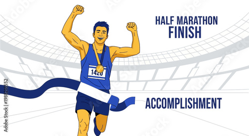 Excited Runner Celebrates Crossing Half Marathon Finish Line Achievement And Victory