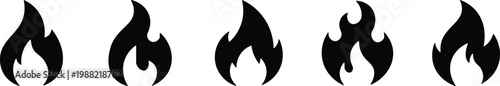 Five black flame in a row on a white background fire symbol heat energy