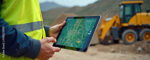 Worker checks digital map on tablet at construction site. Heavy machinery nearby. Professional uses tech for survey and project planning on outdoor location.