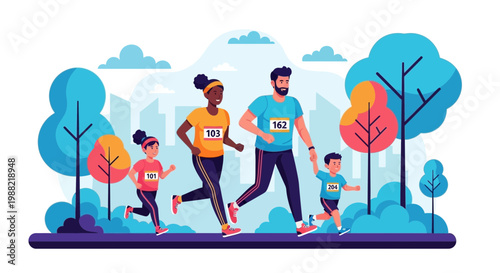 Family Fun Run In Park, Cheerful Family Enjoying Weekend Exercise Together
