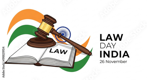 Gavel on open law book with Indian flag colors symbolizing justice and legal system for India Law Day celebration on November 26