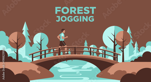 Forest Running: A Scenic Illustration of Jogging on a Wooden Bridge in Nature