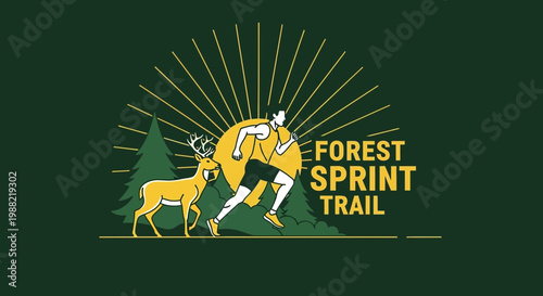 Forest Sprint Trail Illustration With A Runner And A Deer In The Natural Environment